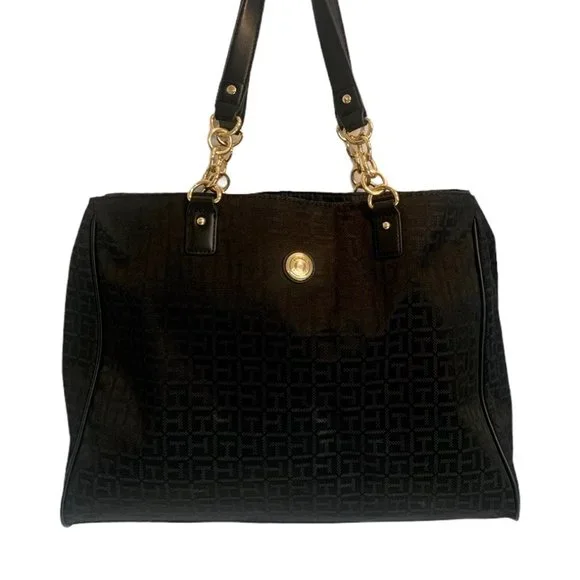 Tommy Hilfiger, Large, Black, T H Motif, Cloth Tote, Chain Handle - Picture 1 of 16